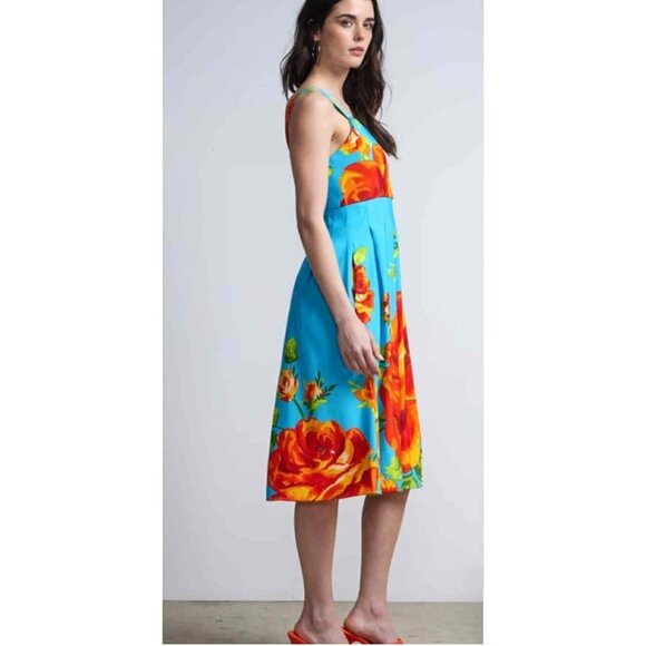 New York & Company Blue‎ Floral Midi Dress Size Small Vibrant Color Print - Picture 3 of 12
